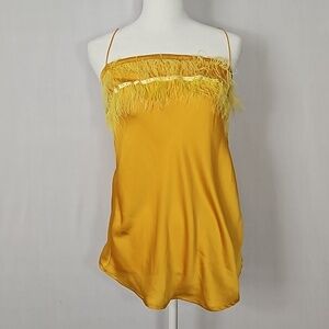 Lumina Boutique Mustard Yellow Satin Feather Trim Cami Top Spaghetti Strap